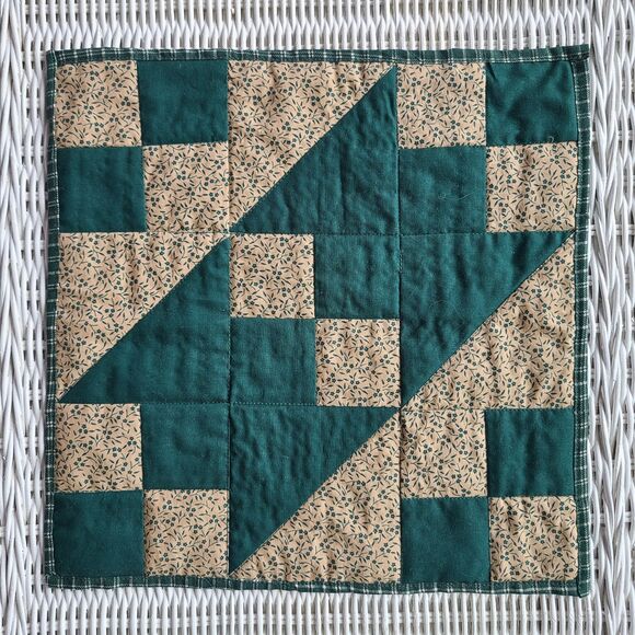 Set of 2 Handmade Patchwork Quilt Squares – Teal & Beige Country Style Designs - Picture 4 of 10